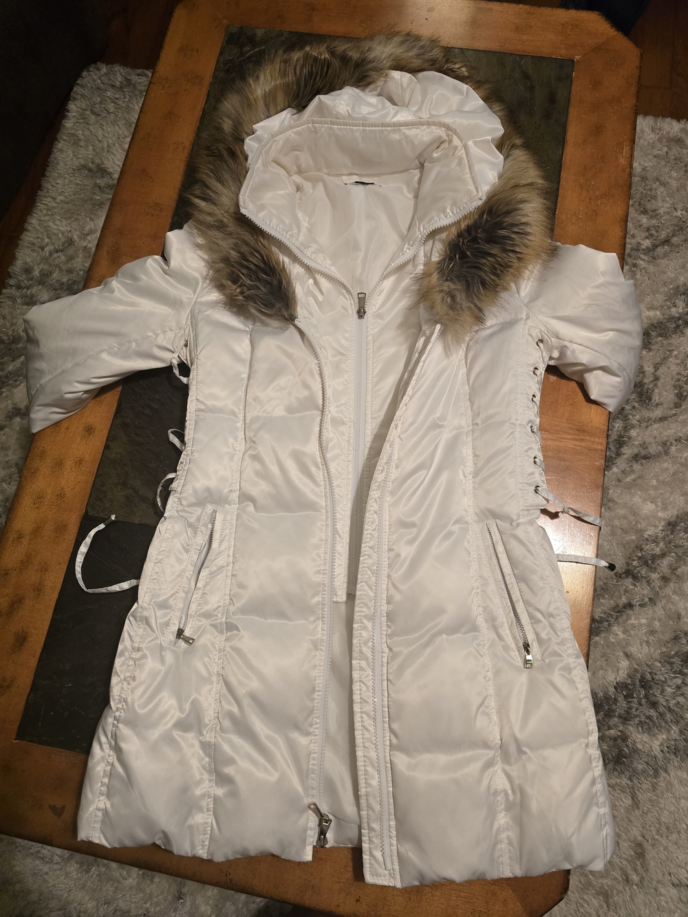 bebe White Long Puffer Coat with Faux Fur-Trimmed Hood